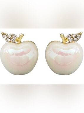 NEW Pearlescent White Pearl Apple Stud Earrings with CZ Leaf